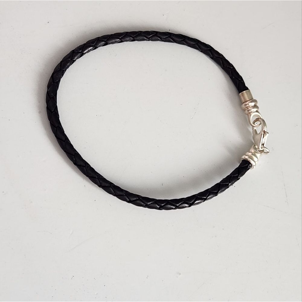 Black Braided Leather Bracelet 925 Silver